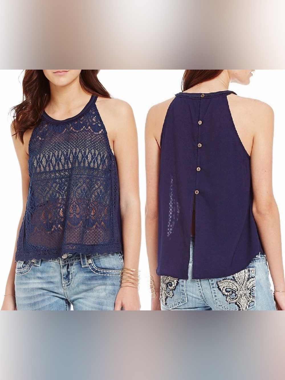 Miss Me Large Navy Stretch Lace Overlay Button Back Halter Neck Top